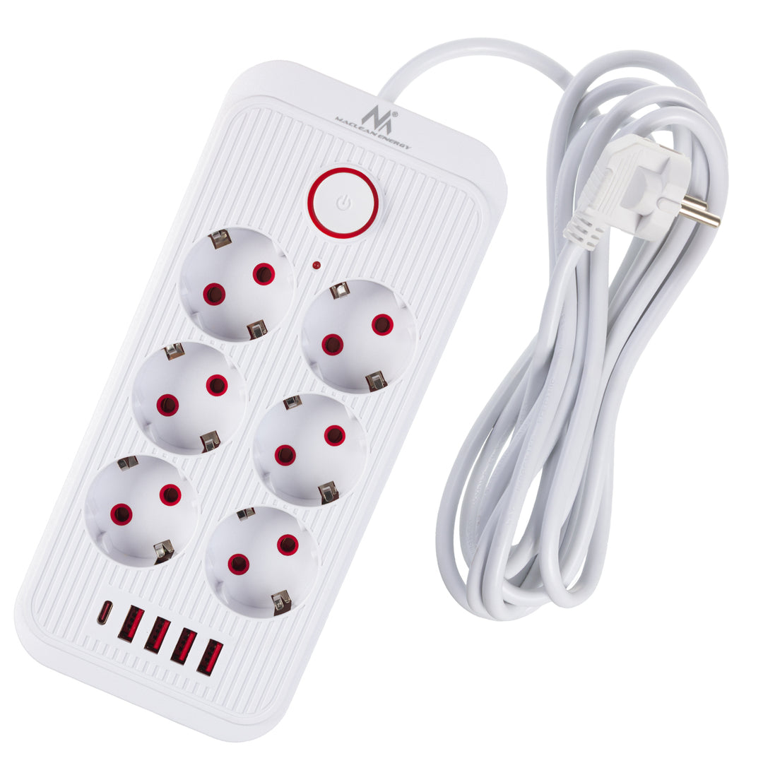 Regleta Maclean, cable alargador de 6 tomas + 4xUSB, 110-240V CA 50/60Hz, 2,1A máx. 2500W, 3m, blanco, MCE391 W