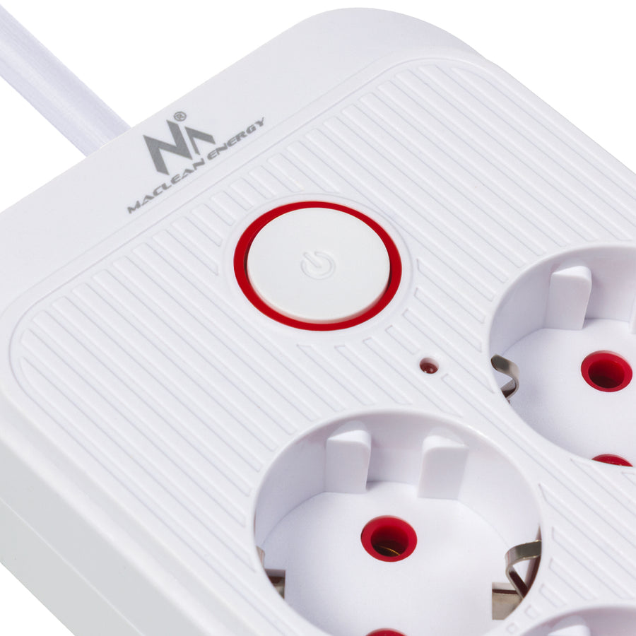 Regleta Maclean, cable alargador de 6 tomas + 4xUSB, 110-240V CA 50/60Hz, 2,1A máx. 2500W, 3m, blanco, MCE391 W