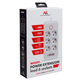 Regleta Maclean, cable alargador de 6 tomas + 4xUSB, 110-240V CA 50/60Hz, 2,1A máx. 2500W, 3m, blanco, MCE391 W