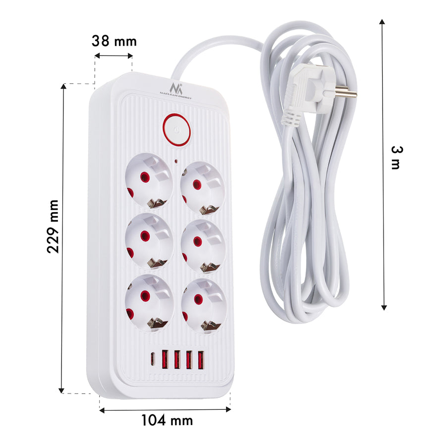 Regleta Maclean, cable alargador de 6 tomas + 4xUSB, 110-240V CA 50/60Hz, 2,1A máx. 2500W, 3m, blanco, MCE391 W