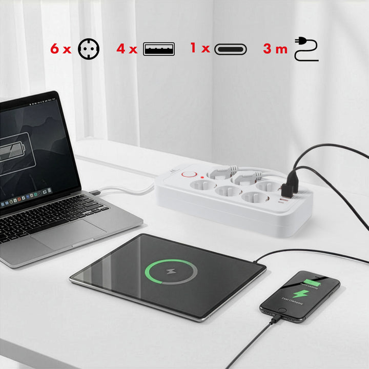 Regleta Maclean, cable alargador de 6 tomas + 4xUSB, 110-240V CA 50/60Hz, 2,1A máx. 2500W, 3m, blanco, MCE391 W