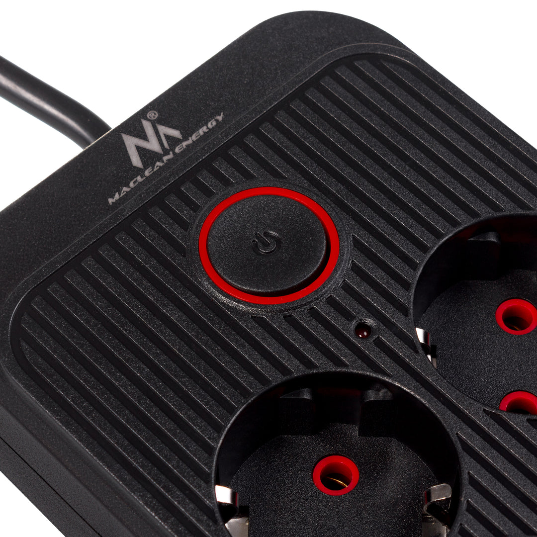 Regleta de enchufes Maclean, cable alargador de 6 tomas + 4xUSB, 110-240V CA 50/60Hz, 2,1A máx. 2500W, 3m, negro, MCE391 B