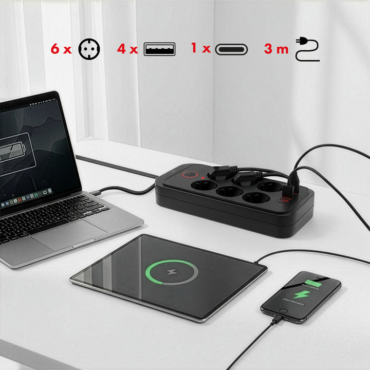 Regleta de enchufes Maclean, cable alargador de 6 tomas + 4xUSB, 110-240V CA 50/60Hz, 2,1A máx. 2500W, 3m, negro, MCE391 B