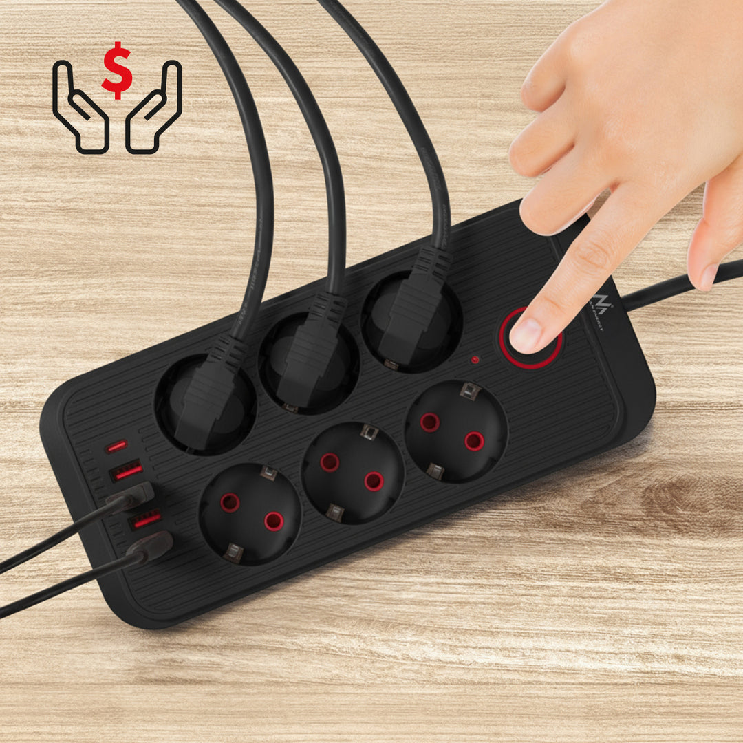Regleta de enchufes Maclean, cable alargador de 6 tomas + 4xUSB, 110-240V CA 50/60Hz, 2,1A máx. 2500W, 3m, negro, MCE391 B