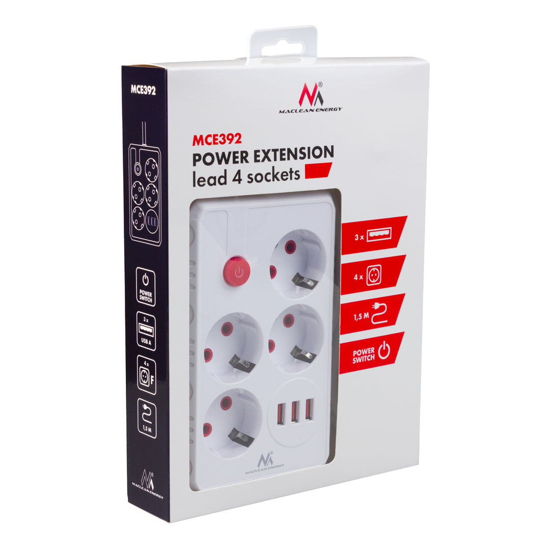 Regleta de enchufes Maclean, cable alargador de 4 tomas + 3xUSB, 110-240 V CA 50/60 Hz, 2,1 A máx. 2500 W, 1,5 m, blanco, MCE392 W