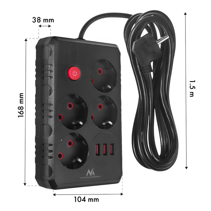 Regleta de enchufes Maclean, cable alargador de 4 tomas + 3xUSB, 110-240V CA 50/60Hz, 2,1A máx. 2500W, 1,5m, negro, MCE392 B