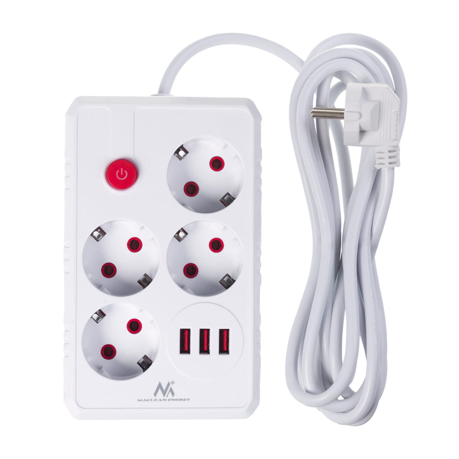 Regleta de enchufes Maclean, cable alargador de 4 tomas + 3xUSB, 110-240 V CA 50/60 Hz, 2,1 A máx. 2500 W, 3 m, blanco, MCE393 W