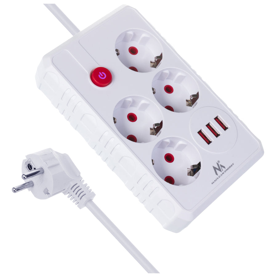 Regleta de enchufes Maclean, cable alargador de 4 tomas + 3xUSB, 110-240 V CA 50/60 Hz, 2,1 A máx. 2500 W, 3 m, blanco, MCE393 W