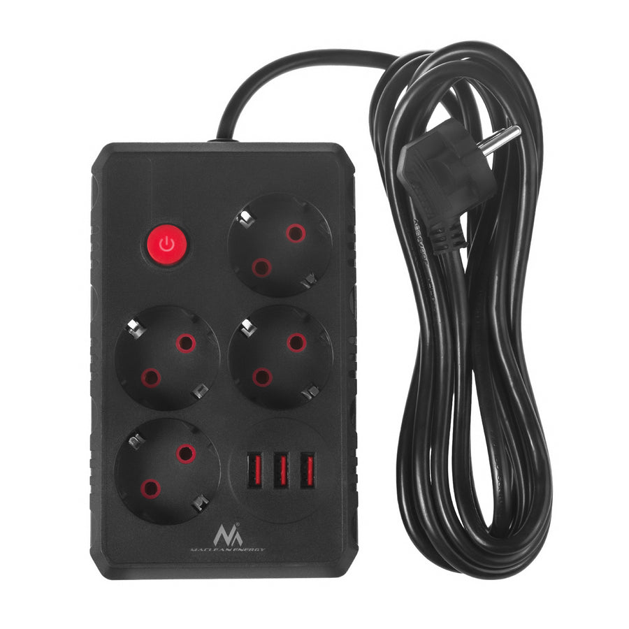 Regleta Maclean, cable alargador de 4 tomas + 3xUSB, 110-240V CA 50/60Hz, 2,1A máx. 2500W, 3m, negro, MCE393 B