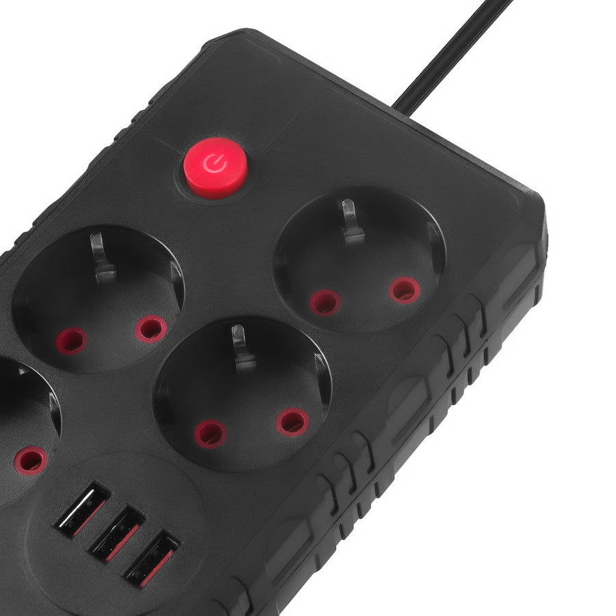 Regleta Maclean, cable alargador de 4 tomas + 3xUSB, 110-240V CA 50/60Hz, 2,1A máx. 2500W, 3m, negro, MCE393 B