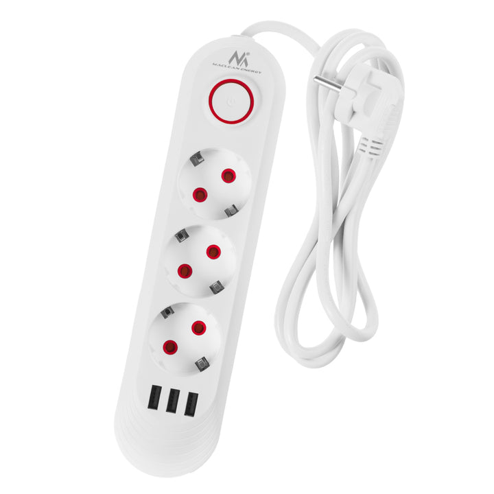 Regleta de enchufes Maclean, cable alargador de 3 tomas + 3xUSB, 110-240 V CA 50/60 Hz, 2,1 A máx. 2500 W, 1,5 m, blanco, MCE394 W