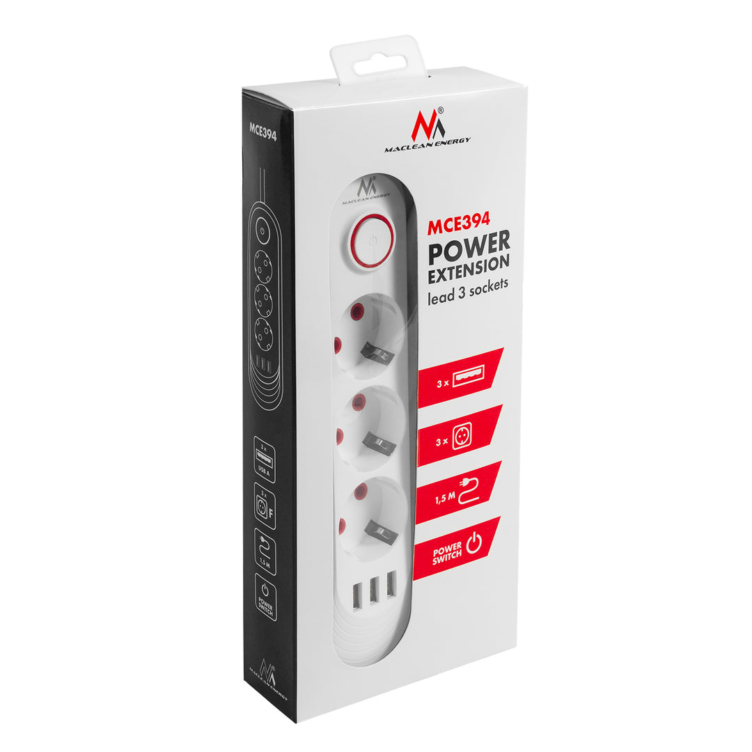 Regleta de enchufes Maclean, cable alargador de 3 tomas + 3xUSB, 110-240 V CA 50/60 Hz, 2,1 A máx. 2500 W, 1,5 m, blanco, MCE394 W