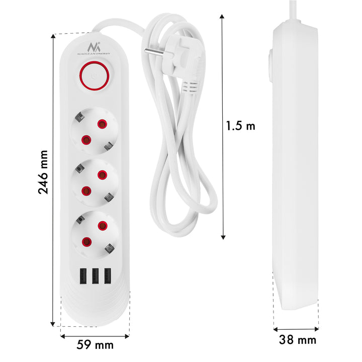 Regleta de enchufes Maclean, cable alargador de 3 tomas + 3xUSB, 110-240 V CA 50/60 Hz, 2,1 A máx. 2500 W, 1,5 m, blanco, MCE394 W