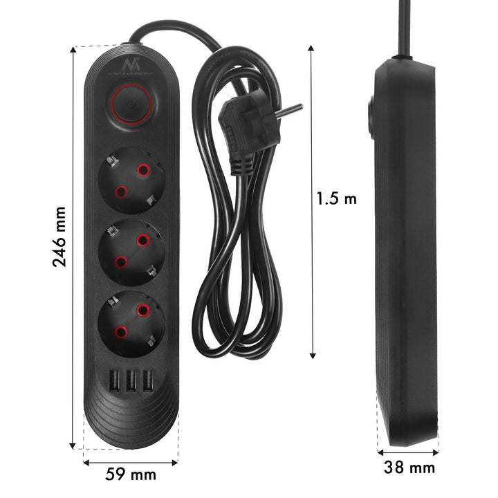 Regleta de enchufes Maclean, cable alargador de 3 tomas + 3xUSB, 110-240V CA 50/60Hz, 2,1A máx. 2500W, 1,5m, negro, MCE394 B