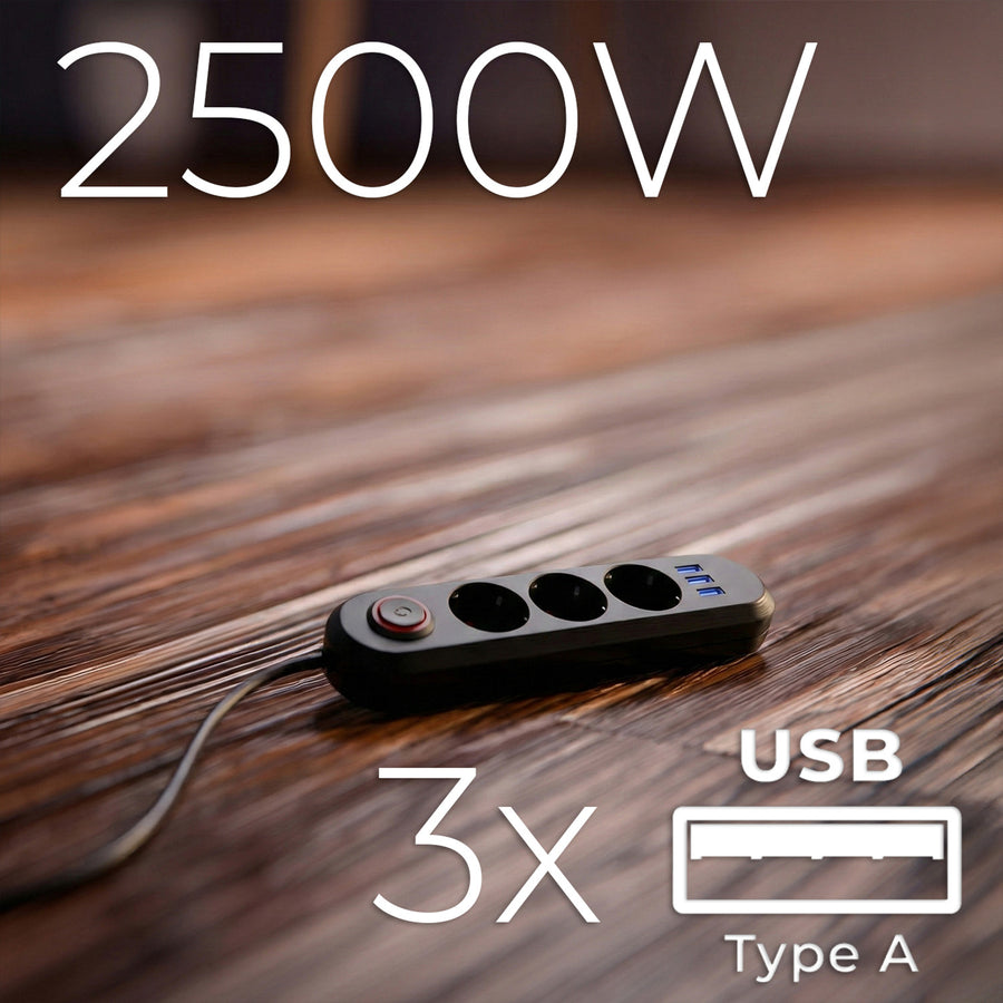 Regleta de enchufes Maclean, cable alargador de 3 tomas + 3xUSB, 110-240V CA 50/60Hz, 2,1A máx. 2500W, 1,5m, negro, MCE394 B