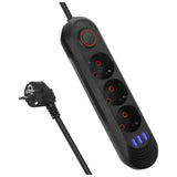 Regleta de enchufes Maclean, cable alargador de 3 tomas + 3xUSB, 110-240V CA 50/60Hz, 2,1A máx. 2500W, 1,5m, negro, MCE394 B