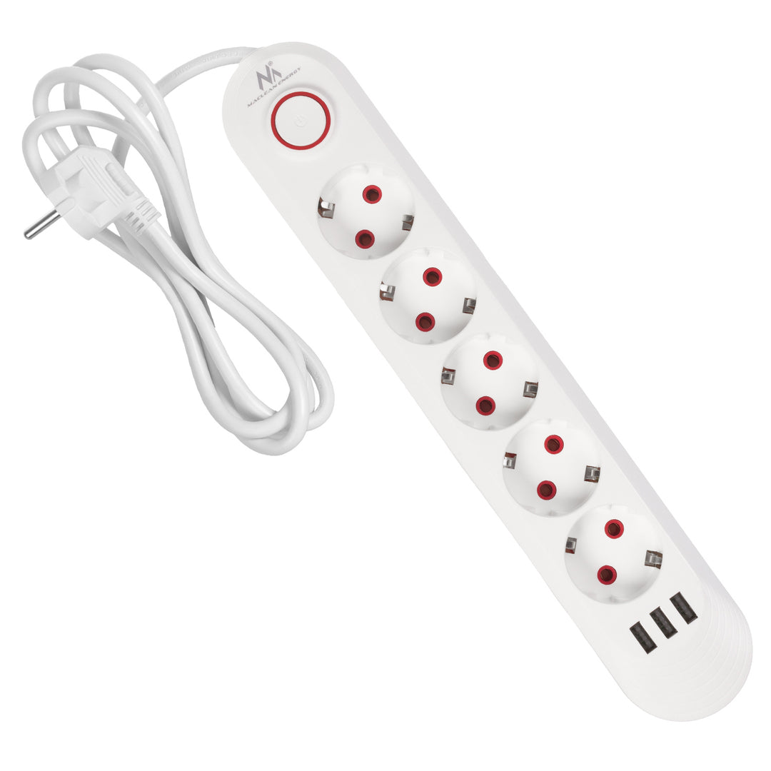 Regleta de enchufes Maclean, cable alargador de 5 tomas + 3xUSB, 110-240 V CA 50/60 Hz, 2,1 A máx. 2500 W, 1,5 m, blanco, MCE395 W