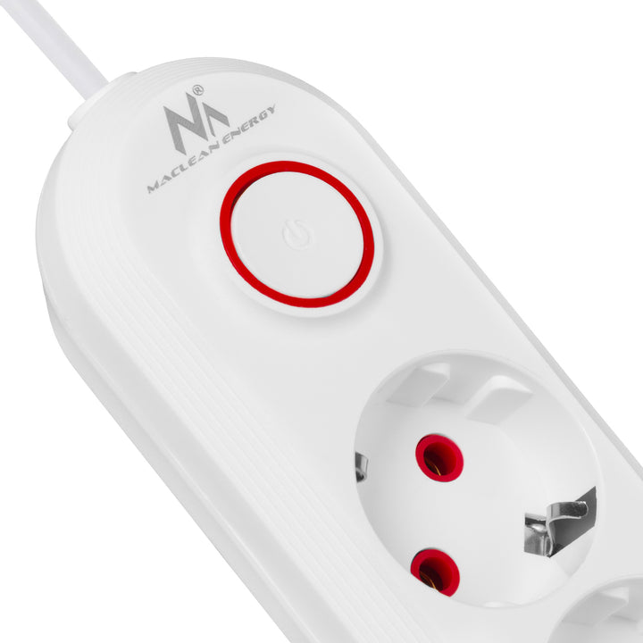 Regleta de enchufes Maclean, cable alargador de 5 tomas + 3xUSB, 110-240 V CA 50/60 Hz, 2,1 A máx. 2500 W, 1,5 m, blanco, MCE395 W