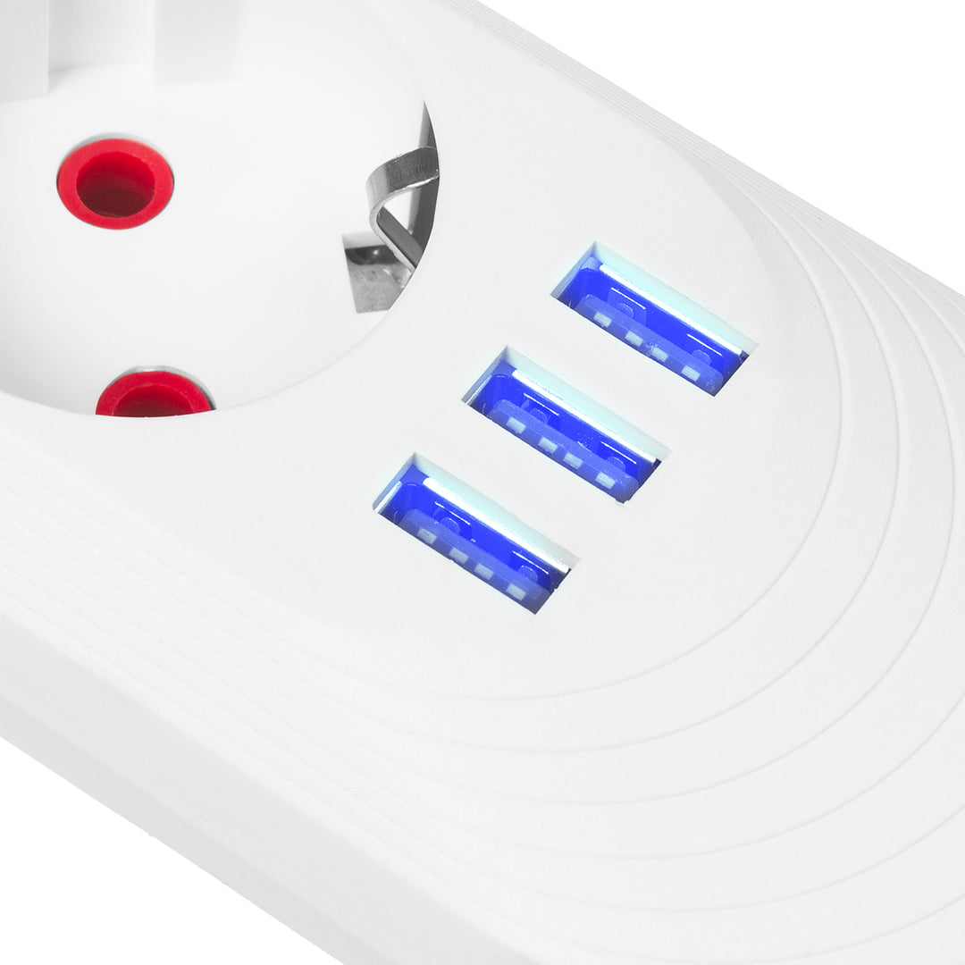 Regleta de enchufes Maclean, cable alargador de 5 tomas + 3xUSB, 110-240 V CA 50/60 Hz, 2,1 A máx. 2500 W, 1,5 m, blanco, MCE395 W