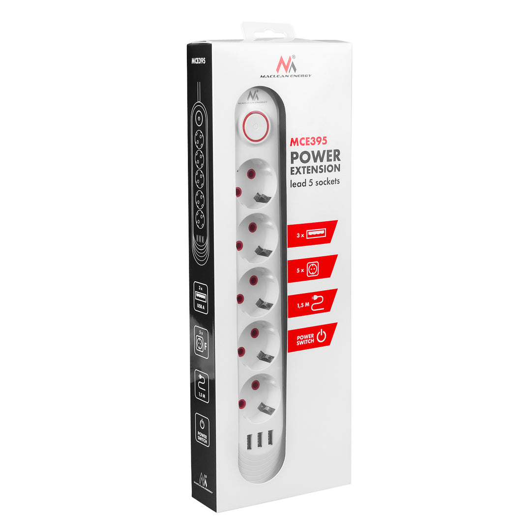 Regleta de enchufes Maclean, cable alargador de 5 tomas + 3xUSB, 110-240 V CA 50/60 Hz, 2,1 A máx. 2500 W, 1,5 m, blanco, MCE395 W