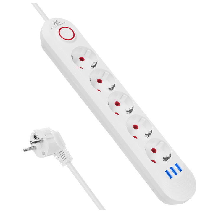 Regleta de enchufes Maclean, cable alargador de 5 tomas + 3xUSB, 110-240 V CA 50/60 Hz, 2,1 A máx. 2500 W, 1,5 m, blanco, MCE395 W