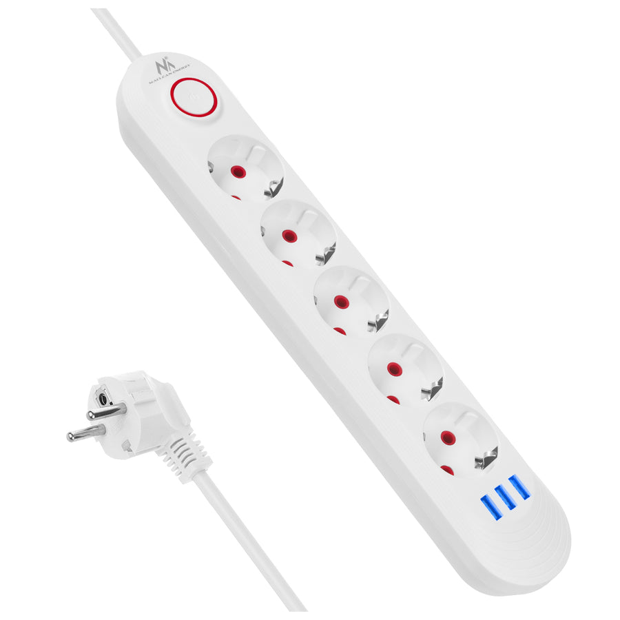 Regleta de enchufes Maclean, cable alargador de 5 tomas + 3xUSB, 110-240 V CA 50/60 Hz, 2,1 A máx. 2500 W, 1,5 m, blanco, MCE395 W