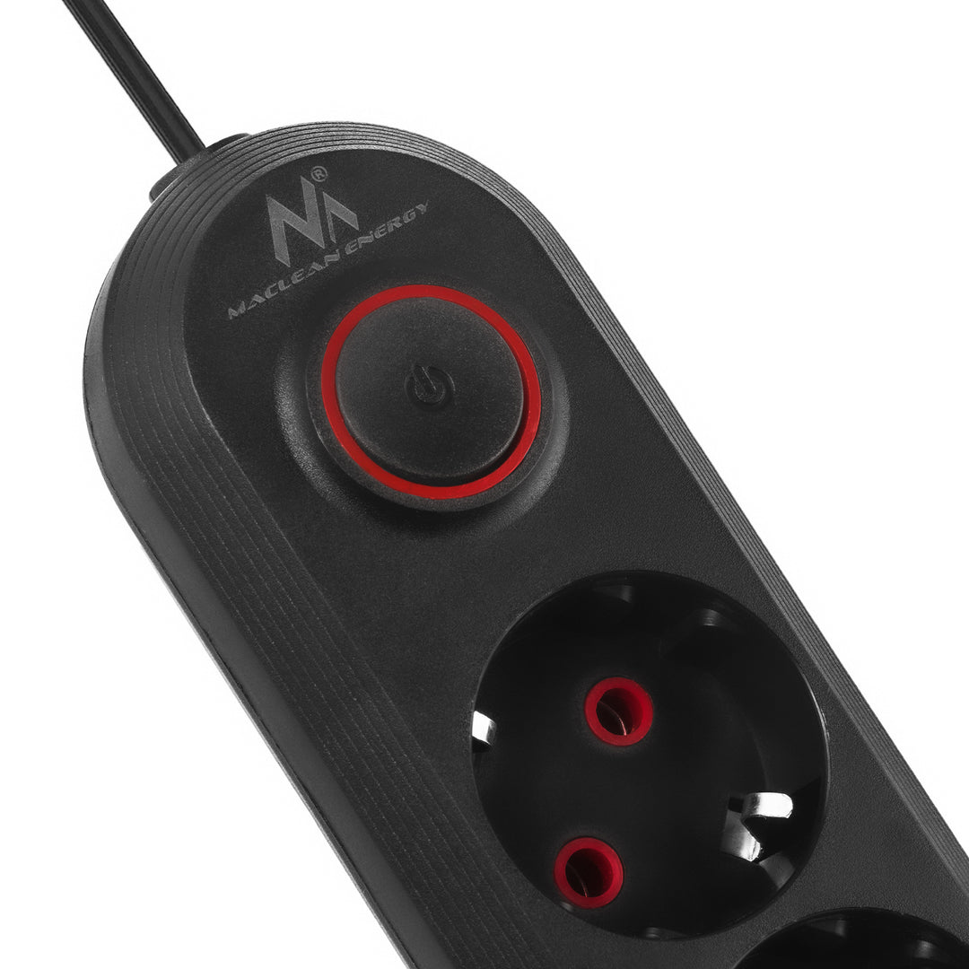 Regleta Maclean, cable de extensión de 5 tomas + 3xUSB, 110-240V CA 50/60Hz, 2,1A máx. 2500W, 1,5m, negro, MCE395 B