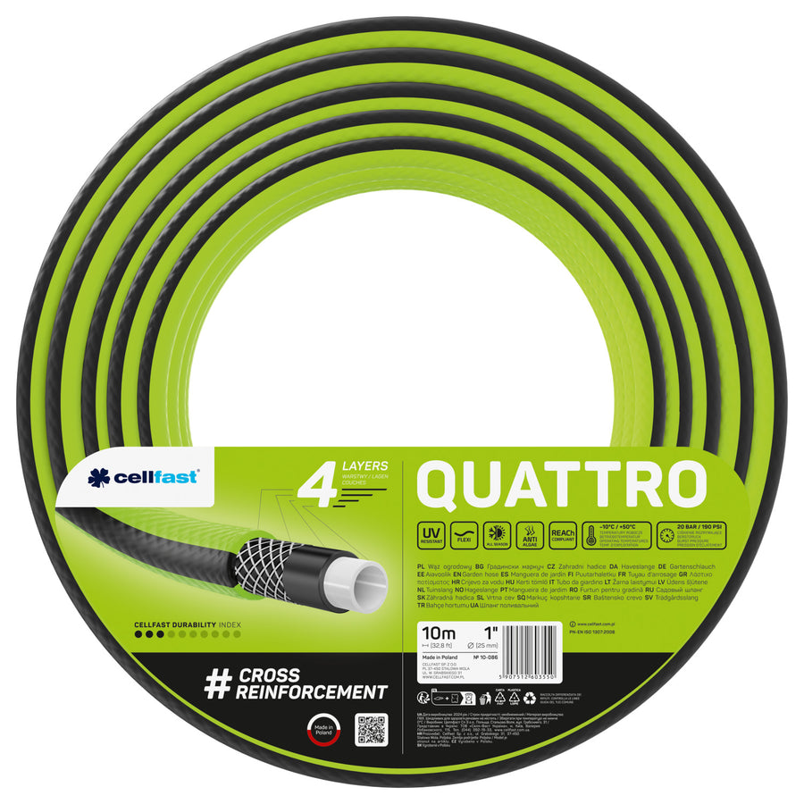 Mangueira de jardim Cellfast, 1'', 10 m, 4 camadas, entrançada cruzada, Quattro