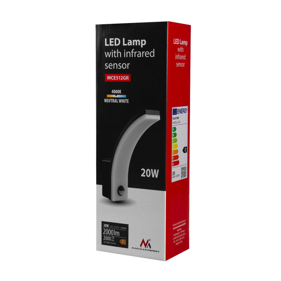 Luz LED com sensor de movimento Maclean, sensor de movimento PIR, cinzento, 20 W, IP65, 2000 lm, branco neutro (4000 K) MCE512 GR, pacote de 4