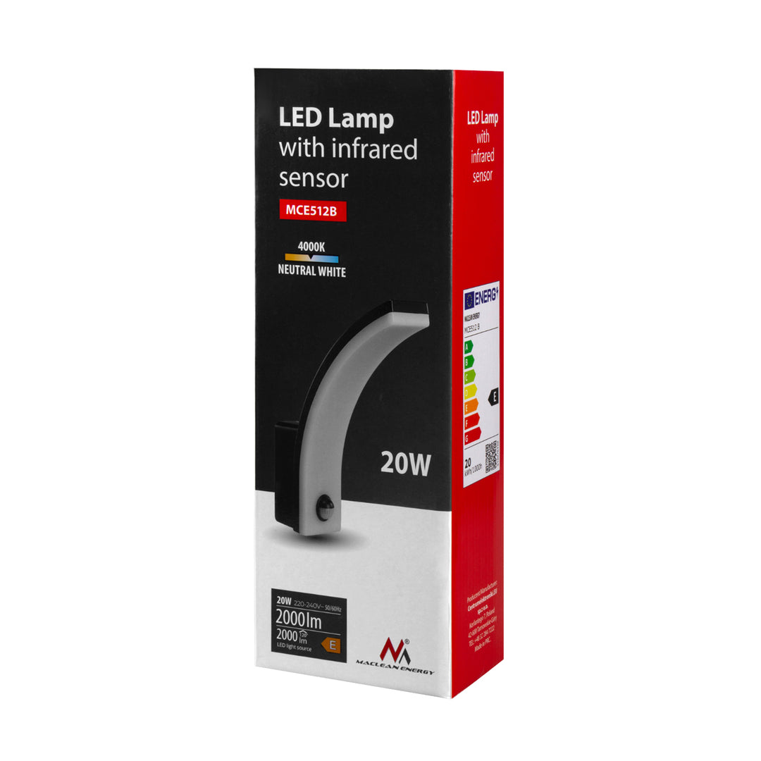 Maclean sensor de movimiento Lámpara LED, sensor de movimiento PIR, negro, 20W, IP65, 2000lm, blanco neutro (4000K) MCE512 B, 4 piezas