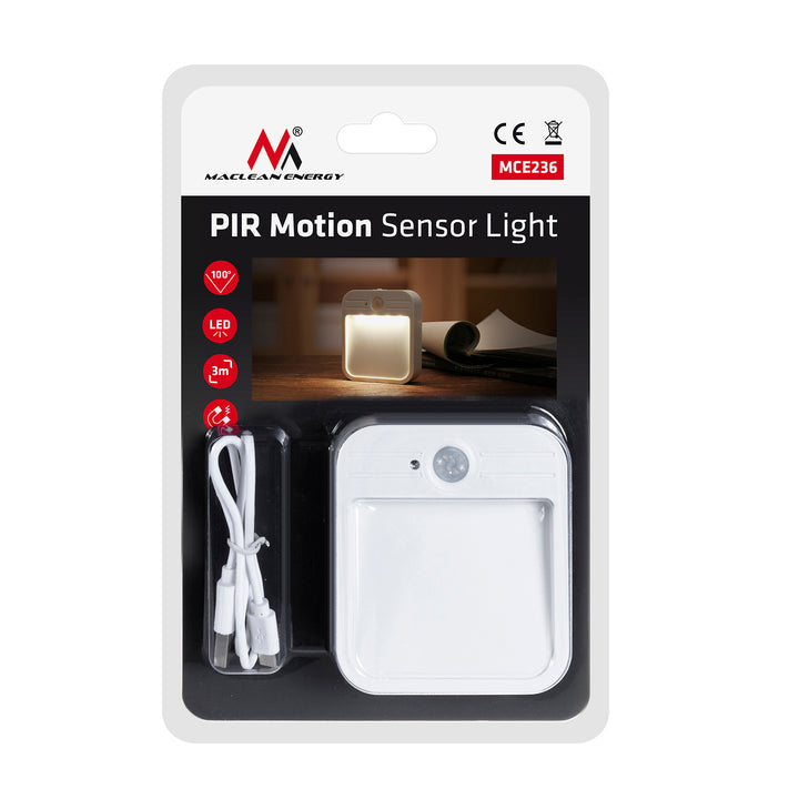 Maclean MCE236 Luz de escada LED, com sensor de movimento, 4000K, 3,7V/500mAh, 4 LEDs, alcance de 3 a 4m, pacote de 2