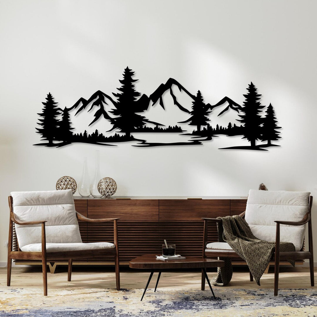 Cuadro calado, decoración mural 3D, cuadro 3D "Montañas con bosque" 100x34cm Negro