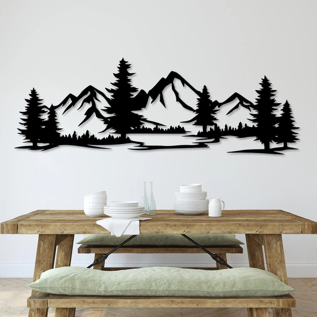 Pintura vazada, decoração de parede 3D, pintura 3D "Montanhas com floresta" 67x23cm Preto