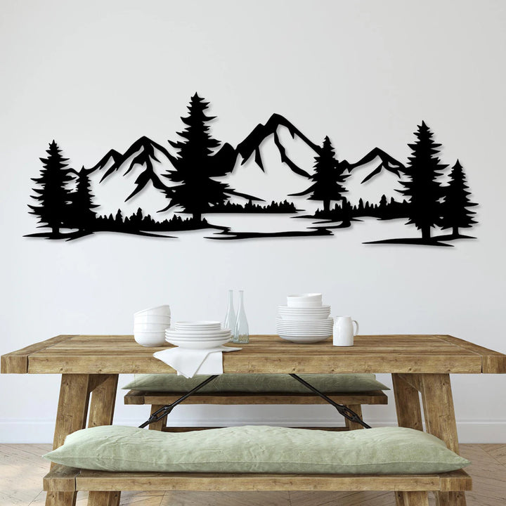 Pintura vazada, decoração de parede 3D, pintura 3D "Montanhas com floresta" 67x23cm Preto