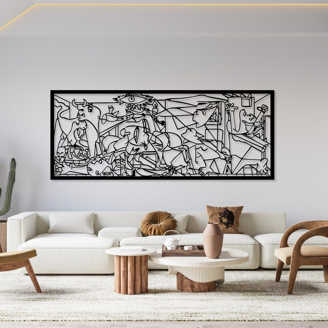 Pintura vazada, decoração de parede 3D, pintura 3D "Guernica de Pablo Picasso" 150x60cm Preto