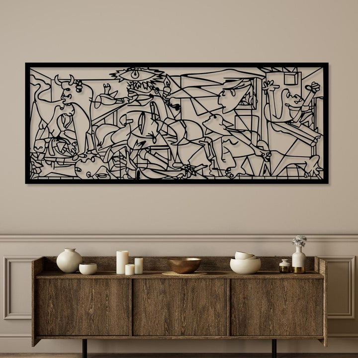 Pintura vazada, decoração de parede 3D, pintura 3D "Guernica de Pablo Picasso" 120x48cm Preto