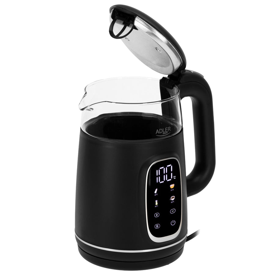 Adler AD 1305 bs Hervidor eléctrico de vidrio 1.7L, Negro y plata, Control de temperatura, Pantalla LED