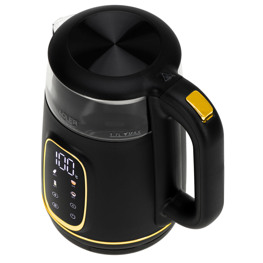 Chaleira elétrica em vidro Adler AD 1305 bg 1,7 L, preta e dourada, controlo de temperatura, visor LED