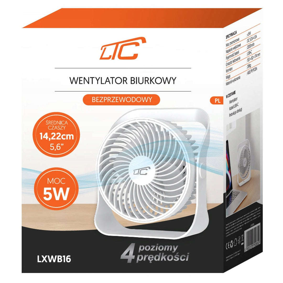 LTC LXWB16 Ventilador de escritorio inalámbrico, carga USB C, 4 niveles de velocidad, batería de 2000 mAh