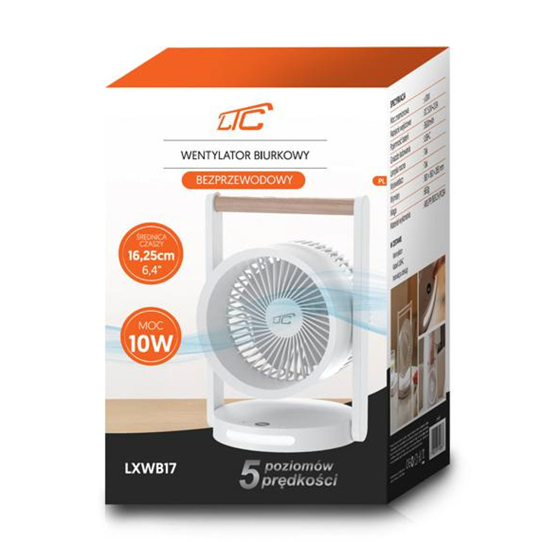 LTC LXWB17 Ventilador de sobremesa inalámbrico, luz nocturna y pantalla LED, 5 niveles de velocidad, batería de 3600 mAh