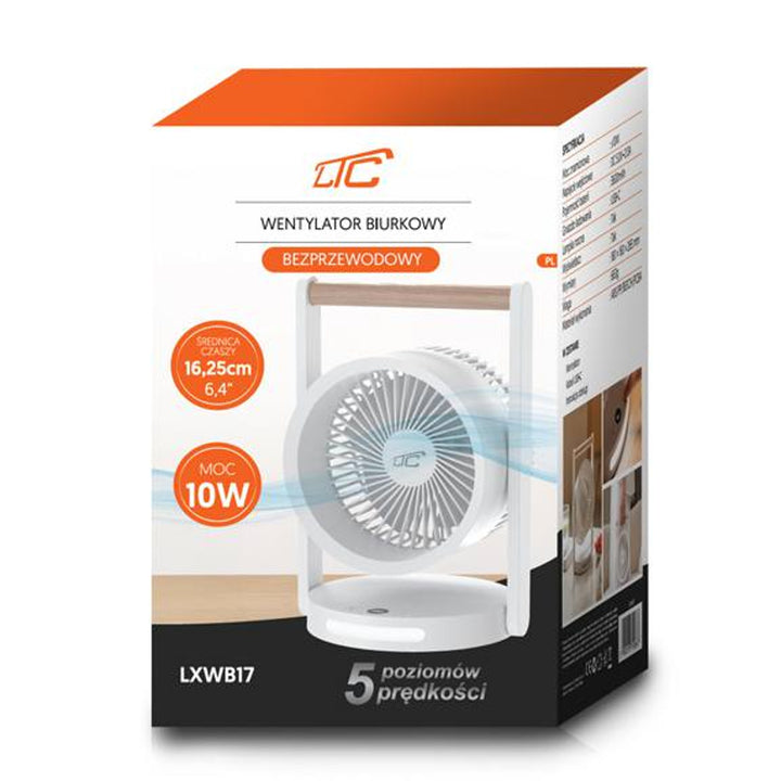 LTC LXWB17 Ventilador de sobremesa inalámbrico, luz nocturna y pantalla LED, 5 niveles de velocidad, batería de 3600 mAh