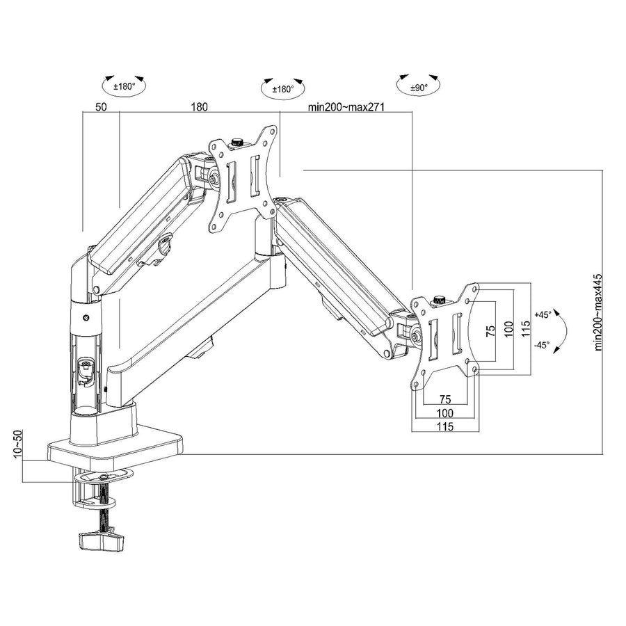 Soporte para 2 monitores Maclean, resorte de gas, 17"-32", 2-10kg, negro, MC-134