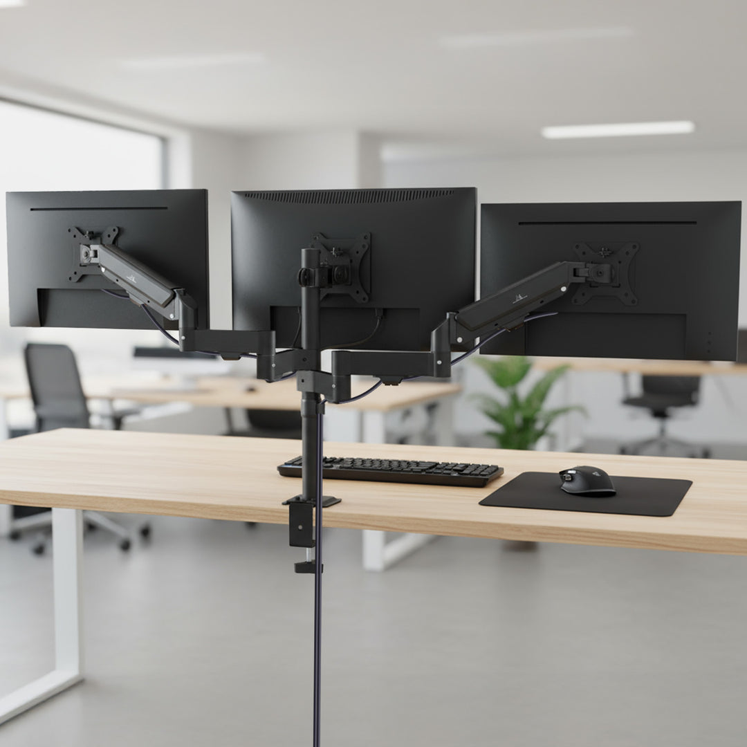 Soporte para 3 monitores Maclean, resorte de gas, 17"-27", 2-8kg, negro, MC-137