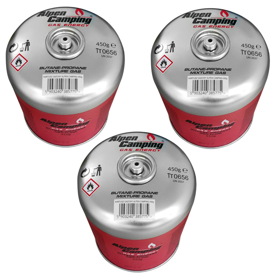 Cartucho de gas 450g Alpen Camping. Certificado: Pi 0437, cumple con EN417, propano-butano, rango -10°c a + 40°c, válvula roscada 7/16" IK020, 3 uds.