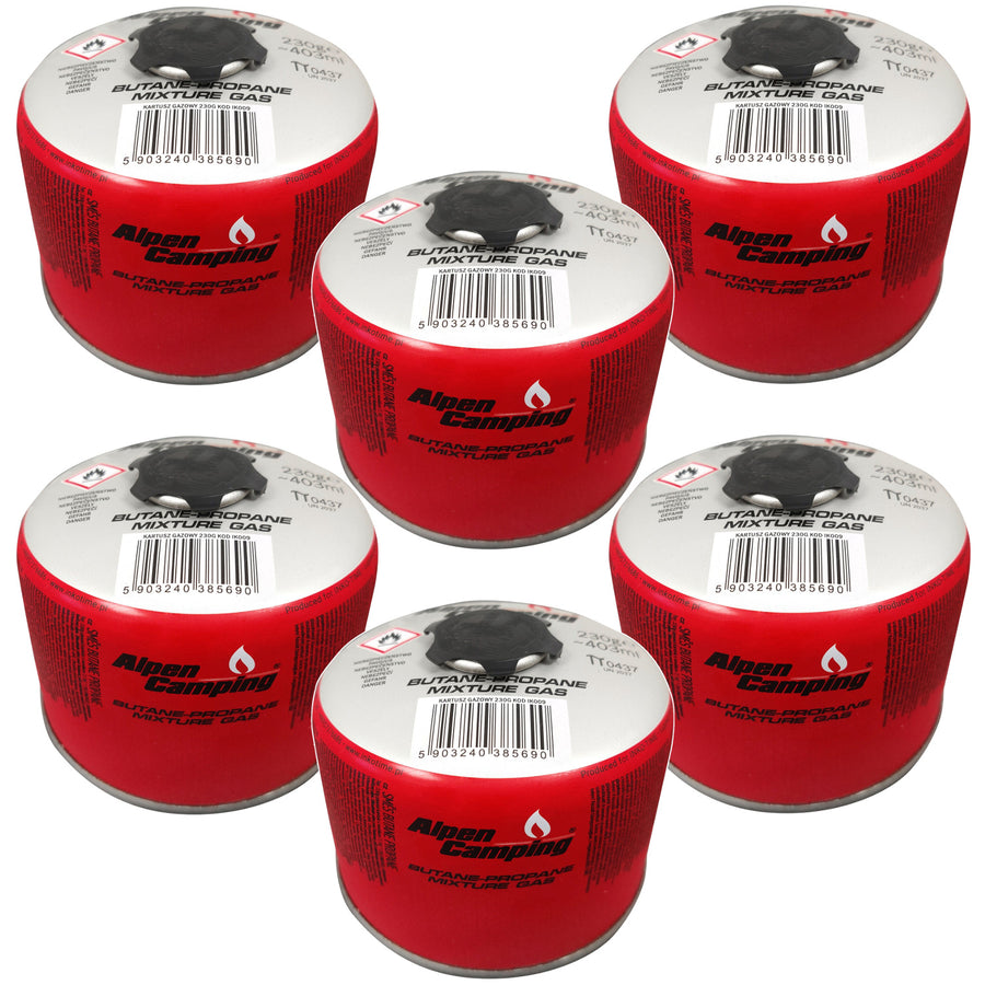 Alpen Camping Cartucho de gas 230g Certificado: Pi 0656, cumple con EN417, propano-butano, rango -10°c a + 40°c, válvula roscada 7/16" IK009, 6 uds.