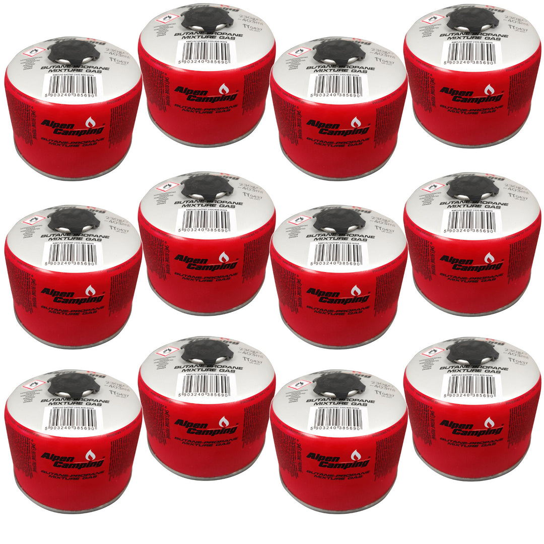 Cartucho de gás para campismo Alpen 230g, certificado: PI 0656, compatível com EN417, propano-butano, gama de -10°C a +40°C, válvula roscada 7/16" IK009, 12 peças