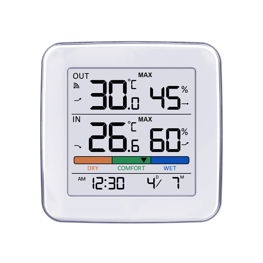 Estación meteorológica inalámbrica GreenBlue, temperatura + humedad IN/OUT, reloj + alarma + fecha, selección °C / °F, alcance hasta 60 m, GB169