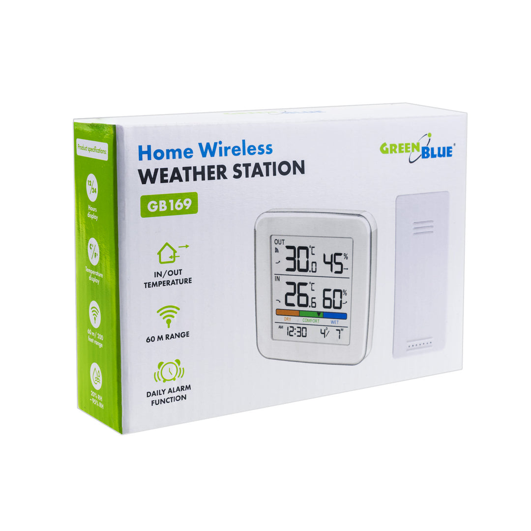 Estación meteorológica inalámbrica GreenBlue, temperatura + humedad IN/OUT, reloj + alarma + fecha, selección °C / °F, alcance hasta 60 m, GB169