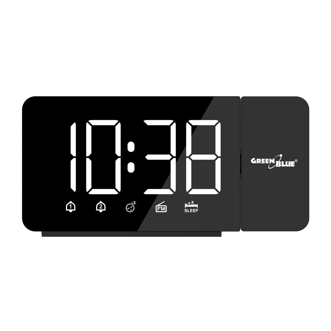Radio despertador digital LED con proyector GreenBlue, radio FM, alarma, reloj 12/24, alimentación USB 5V DC + CR2032, GB172