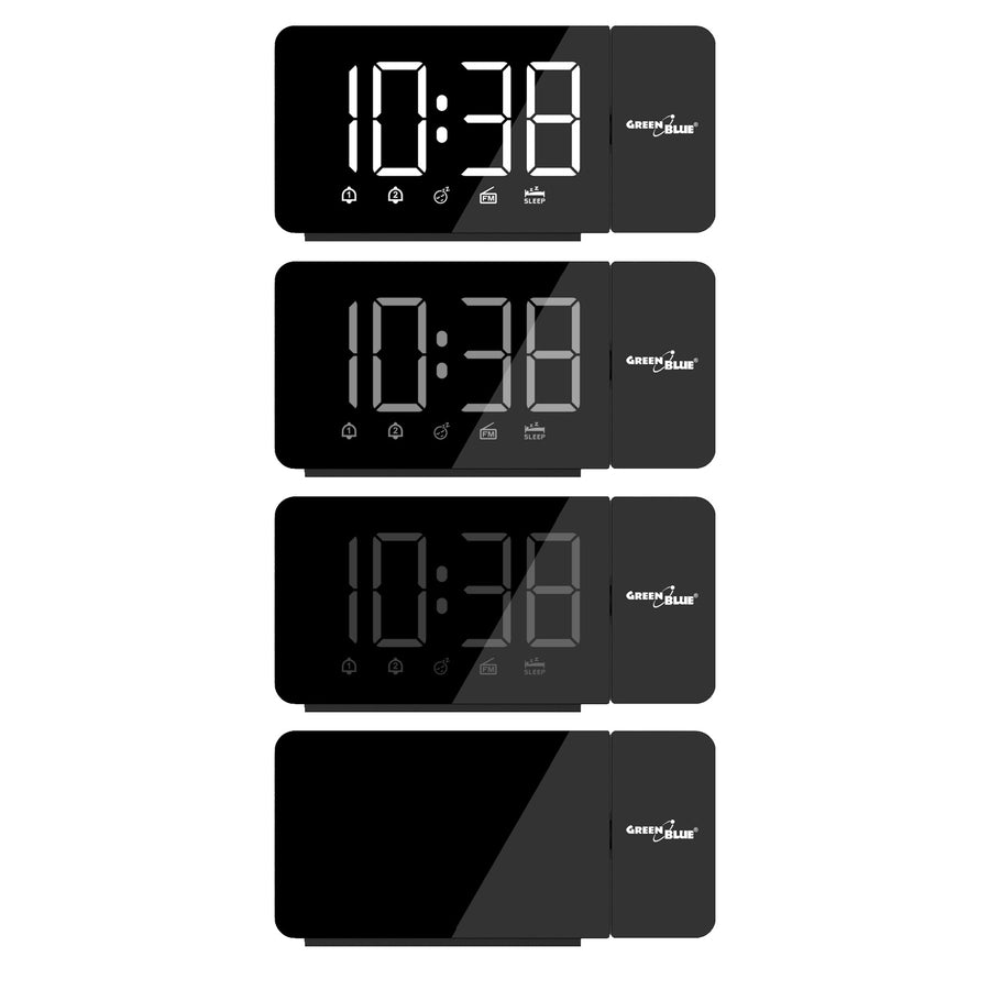 Radio despertador digital LED con proyector GreenBlue, radio FM, alarma, reloj 12/24, alimentación USB 5V DC + CR2032, GB172
